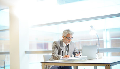 Mature businessman looking at cellphone in modern office