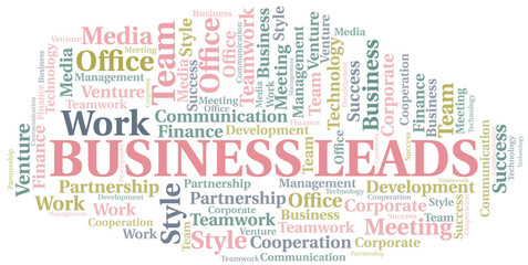 Business Leads word cloud. Collage made with text only.