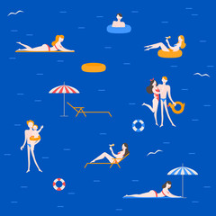 Young friends on the sea resort pattern. Woman in underwear with cocktails relax in chaise lounge. People sunbathing on summer vacation in swimsuits. Happy Couple on the beach. Travel activity