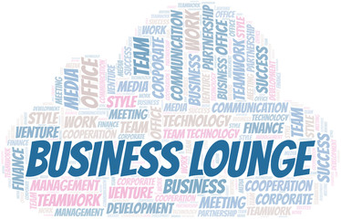 Business Lounge word cloud. Collage made with text only.