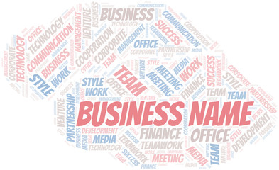 Business Name word cloud. Collage made with text only.