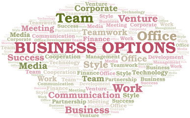 Business Options word cloud. Collage made with text only.