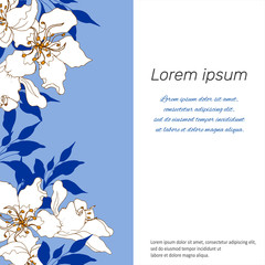 Frame for text with floral background. White flowers on a blue background. For presentation, posters, concepts