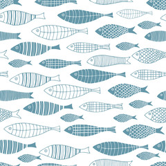 Seamless fish pattern. Blue and white cute ocean background. Repeat vector illustration.