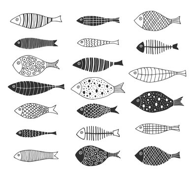 Set of hand drawn doodle fishes for kids design. Scandinavian outline style. Vector isolated illustration.