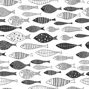 Seamless doodle fish pattern. Hand drawn Scandinavian design. Vector repeat illustration.