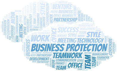 Business Protection word cloud. Collage made with text only.