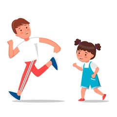 Cute children in sportswear running and playing together. Happy kids playing together outdoor. Sports activity, healthy lifestyle. Colorful vector illustration in flat cartoon style.