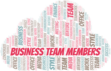 Business Team Members word cloud. Collage made with text only.
