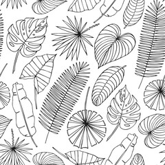 Monochrome vector seamless pattern with tropical leaves.