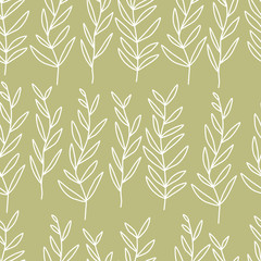 Elegant pastel seamless background with foliage. Wedding pattern in light colors. Line art style leaves. Scandi decor. Wall art, wallpaper, packaging paper design. Vector EPS.