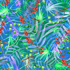 Tropical leaves. Watercolor leaves of a tree, palms, bamboo, nettle, abstract splash. Watercolor abstract seamless background, pattern, spot, splash of paint, branch with berry, color. Tropic pattern.