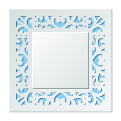 Laser cut template of wedding invitation. Square card with abstract ornament. Vector illustration background. White 3D paper cut silhouette for Valentine's day. Panel for wood carving, diecut pattern.