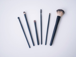Top view closeup of various professional female cosmetics brushes for makeup . Cosmetic brush. Make up set. Beauty and fashion concept