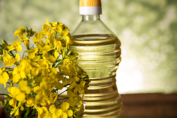 Rapeseed flowers and rapeseed oil in a bottle on the table