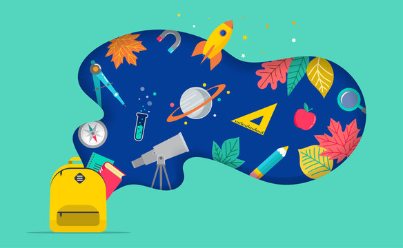 Back to school, backpack with speech bubble and many education icons, elements. Vector concept design