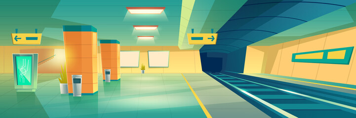 Modern subway, underground railroad station empty interior with illuminated advertising banner or signboard, subway, railway line transit map, direction pointing signposts cartoon vector illustration