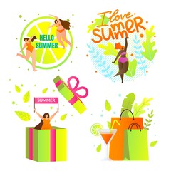 I Love Summer Icons Set with Lettering. Summertime