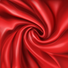 Wavy red silk, atlas or veil fabric, crumpled with creases, bended in spiral wrinkle 3d realistic vector abstract, romantic background. Delicate textile, soft and elegant luxurious tissue illustration