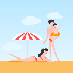 Happy family on the sea resort. Young Couple with kid on the beach. Cartoon Man, woman and child sunbathing on summer vacation in swimsuits. Travel activity