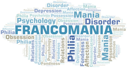 Francomania word cloud. Type of mania, made with text only.