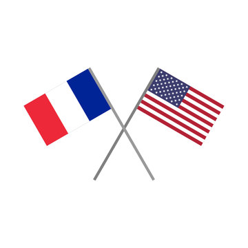 Vector illustration of the french flag and the american (USA) flag crossing each other representing the concept of cooperation