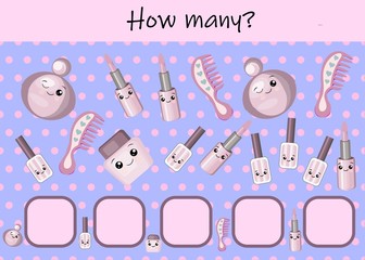 game for children with pictures. Children's activity sheet. Cartoon hairdressing equipment