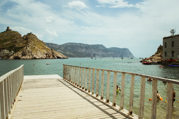 Obraz premium the Bay of Balaklava and the Ruins of Genoese fortress Cembalo. Balaklava, Crimea. beautiful seascape