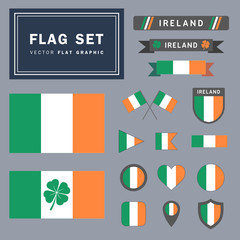 Vector set collection of 16 different Ireland flag related illustrations with different shapes for many uses