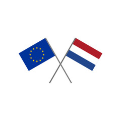Vector illustration of the european (EU) flag and the Holland (Netherlands) flag crossing each other representing the concept of cooperation