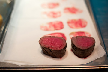 Rare beef prepared in the kitchen