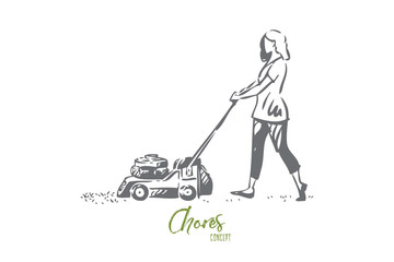 Girl mowing lawn concept sketch. Isolated vector illustration