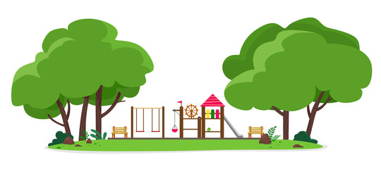 Playground in the park among the trees with benches. Vector illustration on white background.