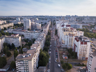 Fototapeta na wymiar City downtown horizon in sunny morning, aerial view.