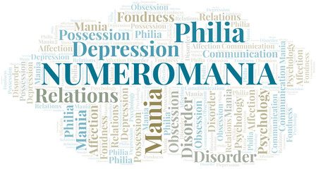 Numeromania word cloud. Type of mania, made with text only.