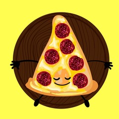pizza is a cute character with a face. Slice pizza on a plate. Yellow background. For your company, pizzeria, restaurant logo for decorating the menu and cards.