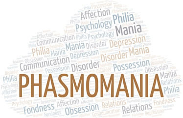 Phasmomania word cloud. Type of mania, made with text only.