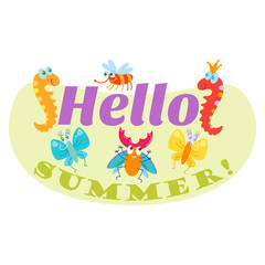 Obraz premium Hello Summer typographic logo sign on withe background. Sea plants, sun, beach sea and travel vector illustration. Holliday i love summer logo icons sun and fun rest