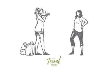 Friends travel concept sketch. Isolated vector illustration