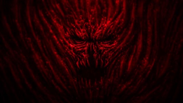 Screaming evil demon with dark eyes. Animation in the genre of horror. Red background color.