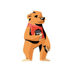 Cute brown bear in red vest with hot coffee cup
