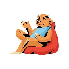 Obraz premium Brown bear in blue clothes is resting on red armchair