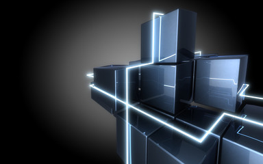 abstract cubes construction witth neon light.3d illustrationa