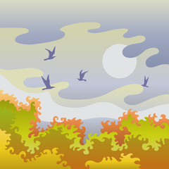 Naklejka na ściany i meble Autumn landscape with birds