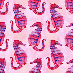 Watercolor seahorse seamless pattern. Underwater world image. Watercolor hand drawn illustration.