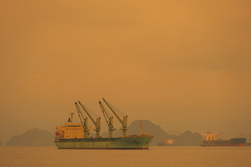 Fototapeta na wymiar Business large cargo container ship logistics Quang Ninh city, Vietnam. Big cargo ship with containers, crane near the port, import export business logistic and transportation. Container ship mooring 