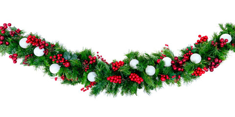 Christmas Garland with Red Berries and Silver Baubles Isolated on White