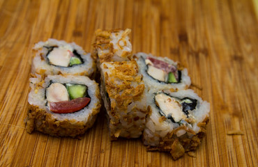Sushi on a wooden tray. Japanese sushi.