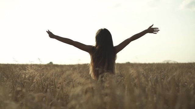 Young woman with gorgeous brunette wavy hair standing and raising her hands up at the middle of golden wheat field on sunset. Romantic atmosphere