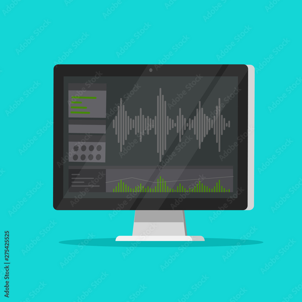 Sticker sound or audio recorder or editor software on computer screen, flat cartoon monitor with audio mixer